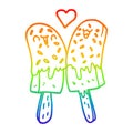A creative rainbow gradient line drawing cartoon ice lolly in love