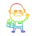 A creative rainbow gradient line drawing cartoon man with beard frowning with xmas gift Royalty Free Stock Photo