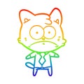 A creative rainbow gradient line drawing cartoon nervous business cat