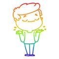 A creative rainbow gradient line drawing cartoon peaceful man shrugging