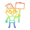 A creative rainbow gradient line drawing cartoon protester woman wearing spectacles