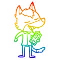 A creative rainbow gradient line drawing cartoon saleman wolf laughing