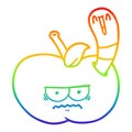A creative rainbow gradient line drawing cartoon worm eating an angry apple Royalty Free Stock Photo