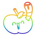 A creative rainbow gradient line drawing cartoon worm in happy apple Royalty Free Stock Photo
