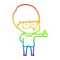 A creative rainbow gradient line drawing curious cartoon boy giving thumbs up sign Royalty Free Stock Photo