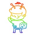 A creative rainbow gradient line drawing friendly cartoon spaceman holding meteor