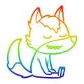 A creative rainbow gradient line drawing friendly cartoon wolf sitting down