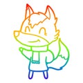 A creative rainbow gradient line drawing friendly cartoon wolf in winter clothes