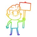 A creative rainbow gradient line drawing happy cartoon man with sign Royalty Free Stock Photo