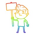 A creative rainbow gradient line drawing happy cartoon man with sign Royalty Free Stock Photo
