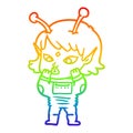 A creative rainbow gradient line drawing pretty cartoon nervous alien girl
