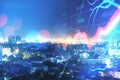 Creative red forex chart on night city background. Crisis and collapse concept. Double exposure Royalty Free Stock Photo