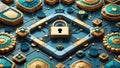 Intricate Cybersecurity Concept With Lock and Technological Patterns in Blue and Gold Royalty Free Stock Photo
