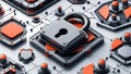 Intricate Cybersecurity Concept With Lock and Technological Patterns in Blue and Gold Royalty Free Stock Photo
