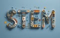 Creative representation of STEM concepts with colorful tools and elements on a blue background showcasing science and Royalty Free Stock Photo