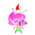 hand drawn retro cartoon of a alien girl laughing wearing santa hat