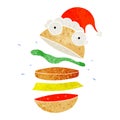 A creative retro cartoon of a amazing burger wearing santa hat