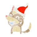 A creative retro cartoon of a hungry wolf wearing santa hat