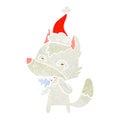 A creative retro cartoon of a hungry wolf wearing santa hat