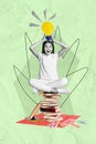 Creative retro collage of excited funky little girl siting book pile having great plan isolated green color background