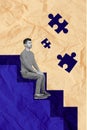 Creative retro 3d collage image of stressed depressed guy sitting stairs uncomplete puzzle isolated painting background