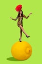 Creative retro 3d magazine collage of funny girl standing huge citrus wear dress flower head isolated green color
