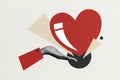 Creative retro 3d magazine collage image of arm tacking care red heart isolated beige color background