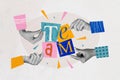 Creative retro 3d magazine collage image of arms working together creating successful team white color