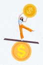 Creative retro 3d magazine collage image of carefree smiling lady rising coin isolated painting background