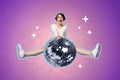 Creative retro 3d magazine collage image of excited impressed lady holding big disco ball painting background