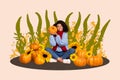 Creative retro 3d magazine collage image of smiling charming lady enjoying good pumpkin harvest isolated beige color