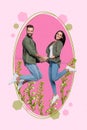 Creative retro 3d magazine collage image of smiling happy married couple celebrating 14 february isolated painting Royalty Free Stock Photo