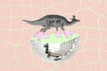 Creative retro 3d magazine image of funny funky dino riding rollers half disco ball isolated drawing background Royalty Free Stock Photo