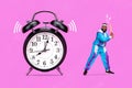 Creative retro 3d magazine image of funny guy beating ringing clock isolated drawing pink background