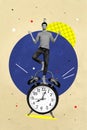 Creative retro 3d magazine image of resting relaxing guy standing clock planning morning isolated drawing background