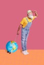 Creative retro 3d magazine image of serious confident guy planet luggage isolated painting background