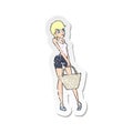 A creative retro distressed sticker of a cartoon attractive woman shopping