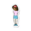 A creative retro distressed sticker of a cartoon brainy woman