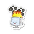 A creative retro distressed sticker of a cartoon burning computer Royalty Free Stock Photo
