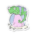 A creative retro distressed sticker of a cartoon chameleon on ball