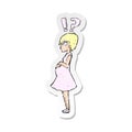 A creative retro distressed sticker of a cartoon confused pregnant woman