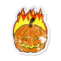 A creative retro distressed sticker of a cartoon grinning pumpkin