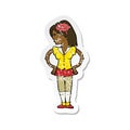 A creative retro distressed sticker of a cartoon intelligent woman