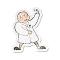 A creative retro distressed sticker of a cartoon mad scientist