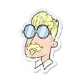 A creative retro distressed sticker of a cartoon man with mustache and spectacles