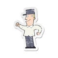 A creative retro distressed sticker of a cartoon man punching air