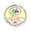 A creative retro distressed sticker of a cartoon man thinking about healthy eating