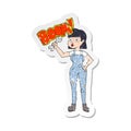 A creative retro distressed sticker of a cartoon mechanic woman