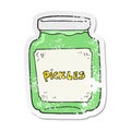 A creative retro distressed sticker of a cartoon pickle jar