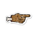 A creative retro distressed sticker of a cartoon pointing severed hand symbol